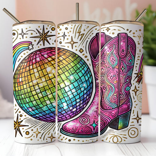 a pair of cowboy boots with a disco ball on them