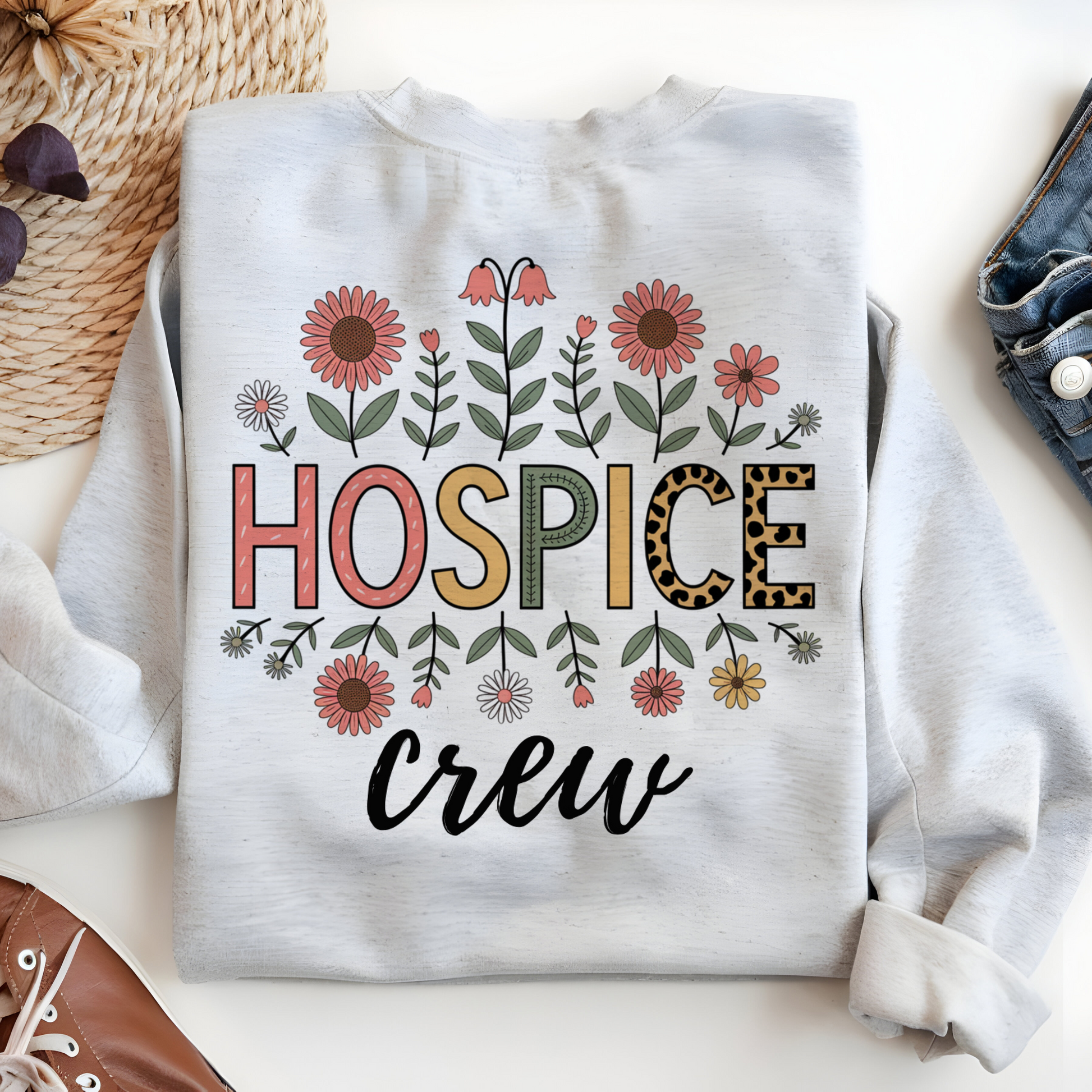 a white sweatshirt with the words hospice crew printed on it