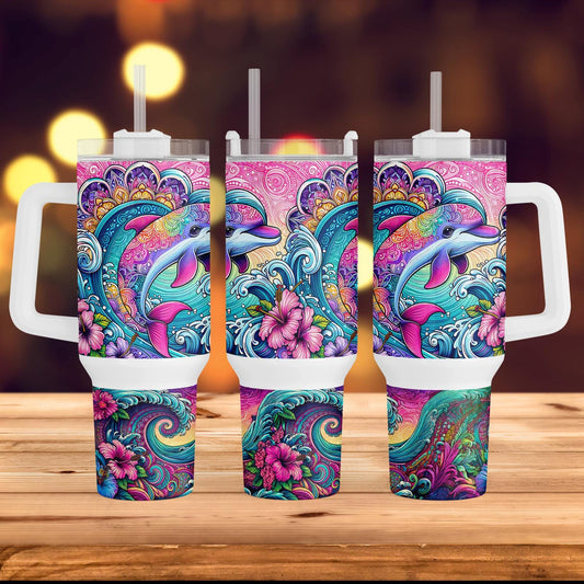 a set of three travel mugs with dolphins on them