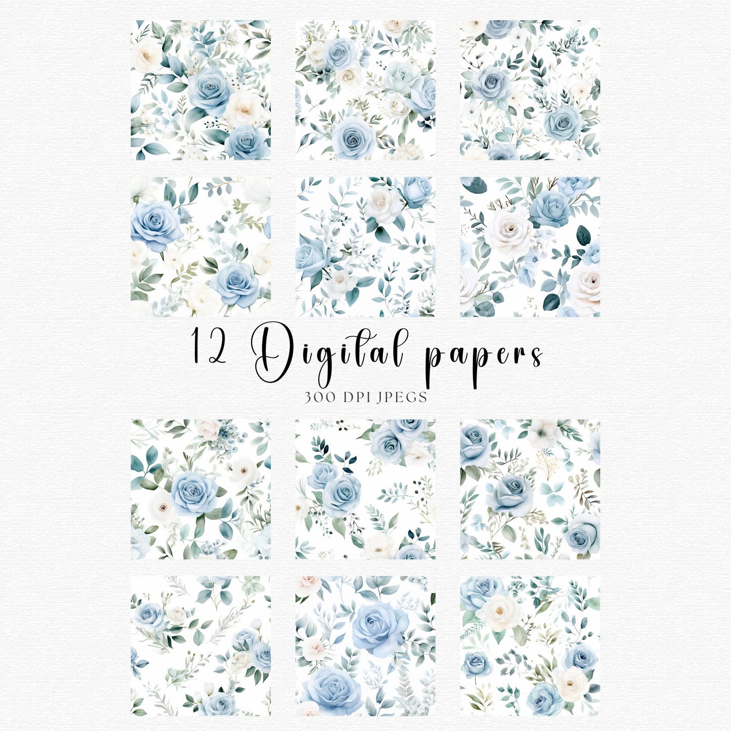 Papeles digitales florales en azul polvoriento