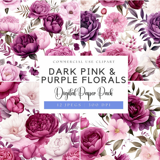 Watercolor Dark Pink and Purple Floral Digital Paper