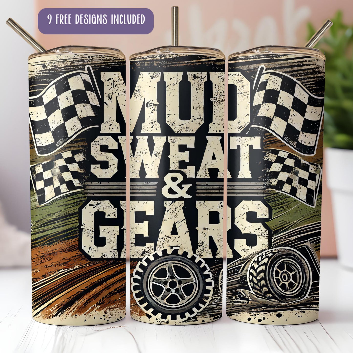 a set of three tumblers with racing flags on them