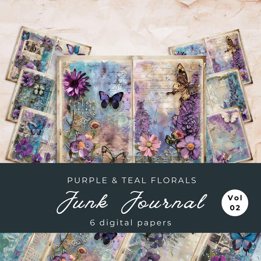 Purple and Teal Floral Junk Journal Pages Vol 2