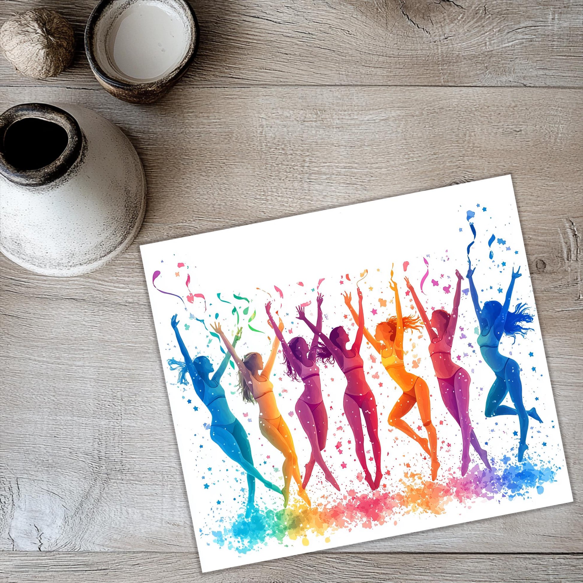 a watercolor painting of a group of women dancing