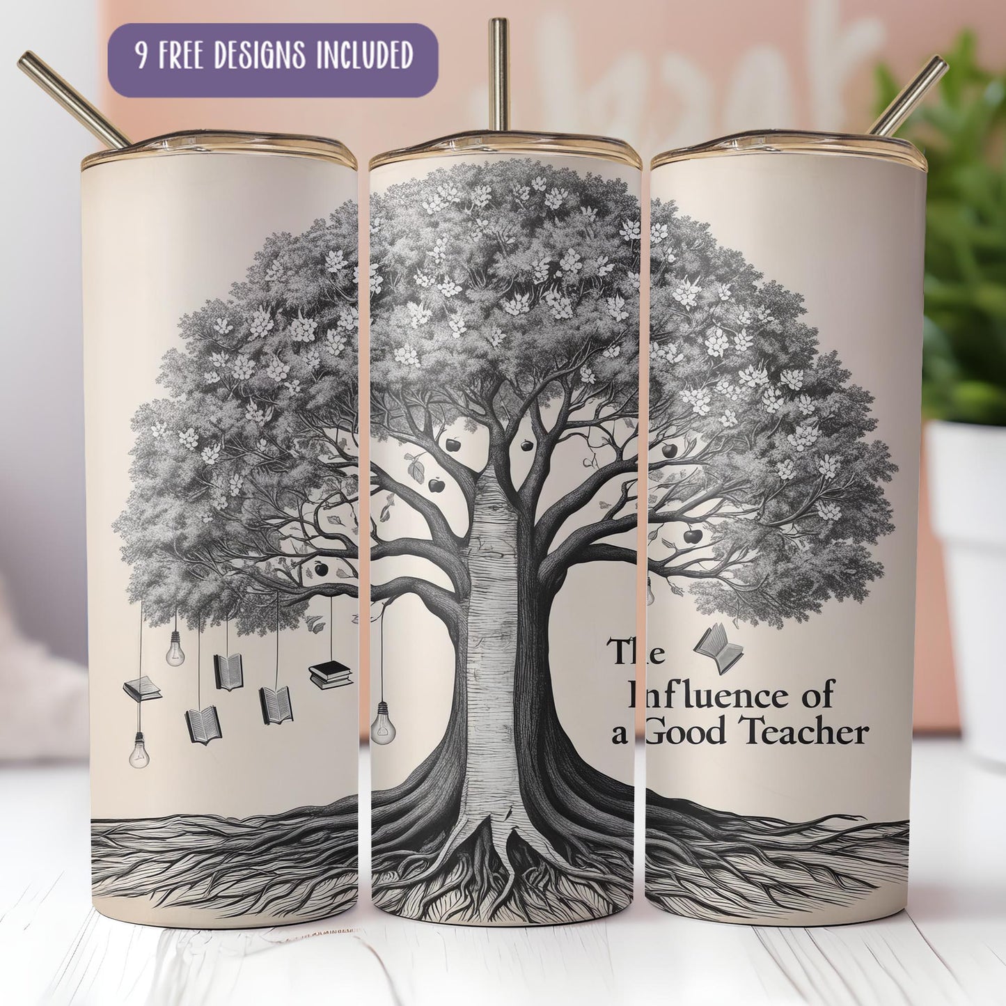 a set of three coffee mugs with a tree on them