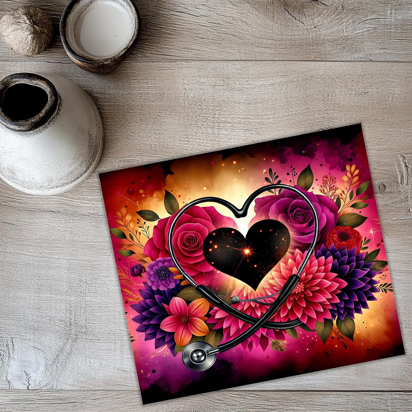 a painting of a heart with flowers and a stethoscope