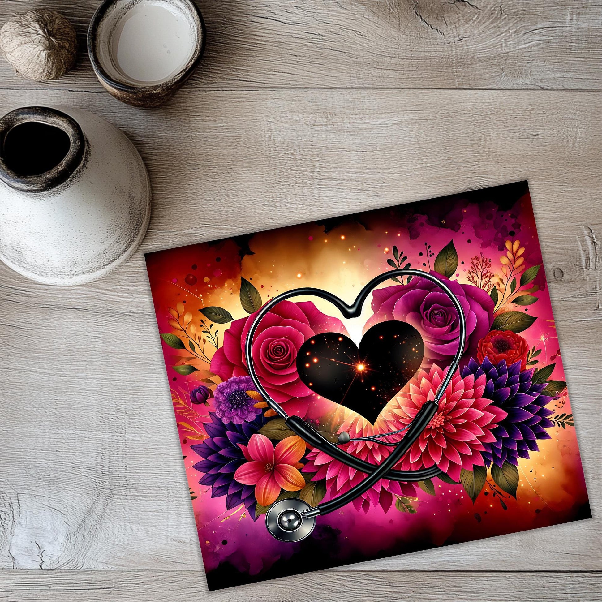 a painting of a heart with flowers and a stethoscope