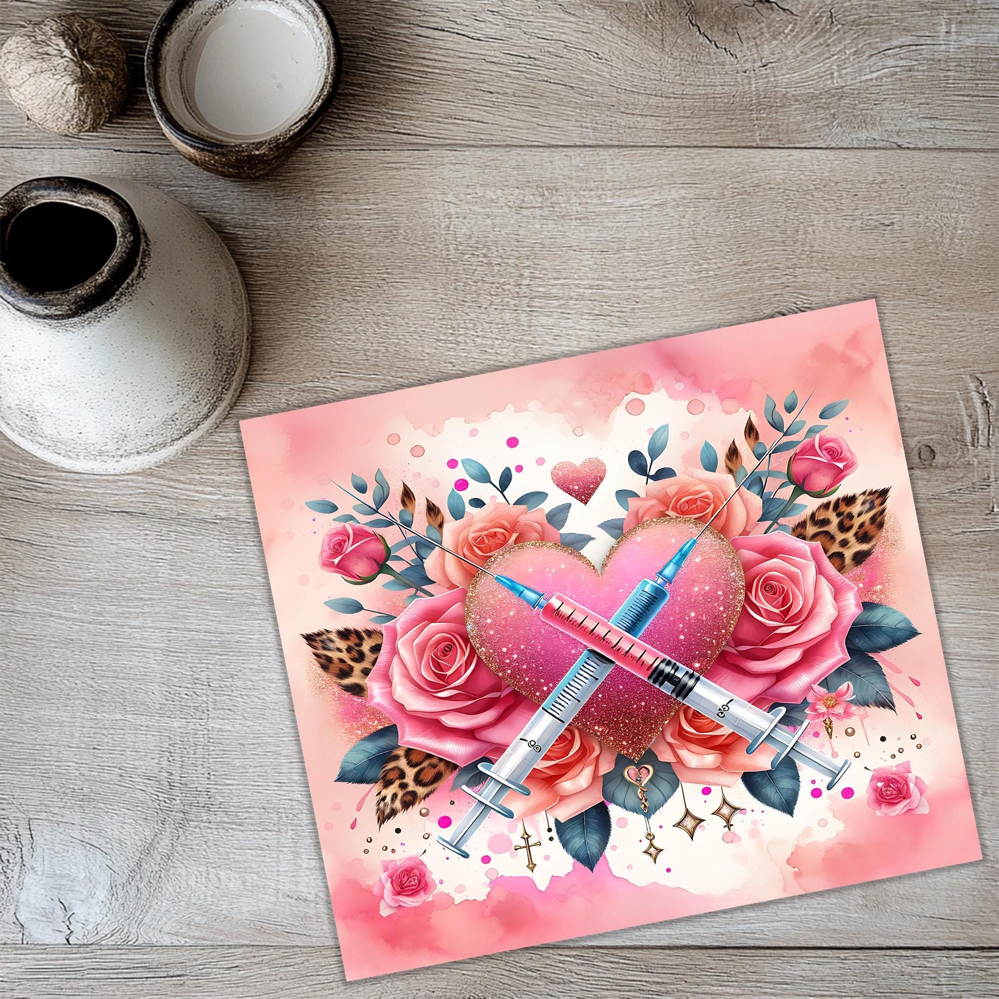 a card with a pen and roses on it