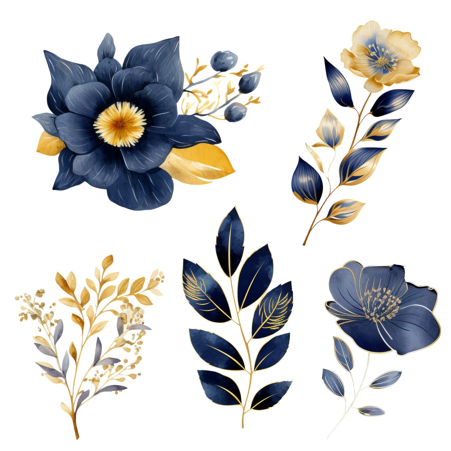 Clipart floral azul marino y dorado