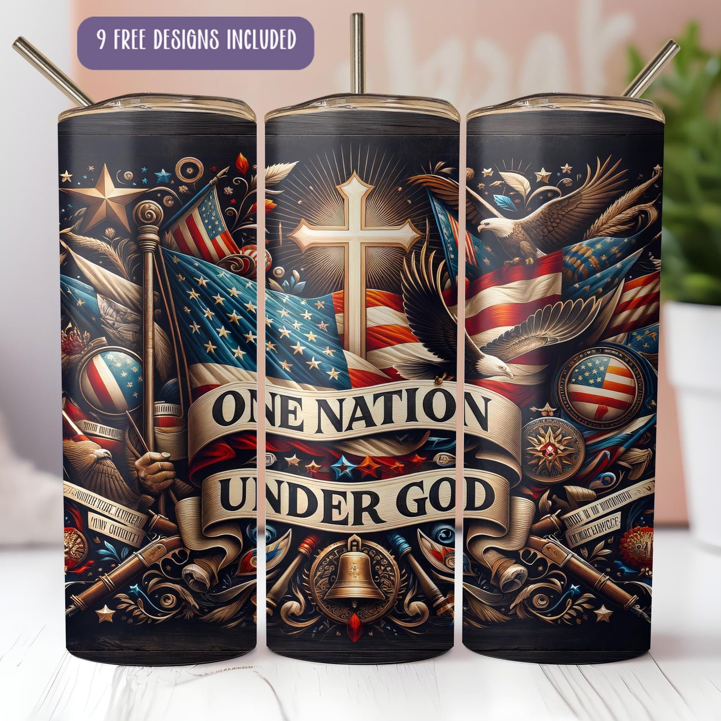 a set of three travel mugs with american flags and a cross