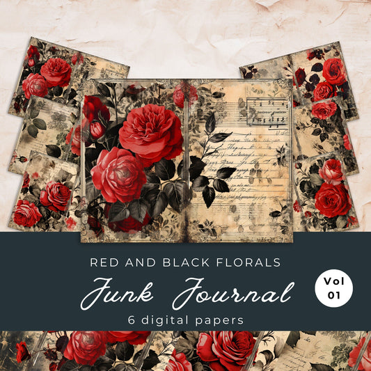 Red and Black Floral Junk Journal Pages