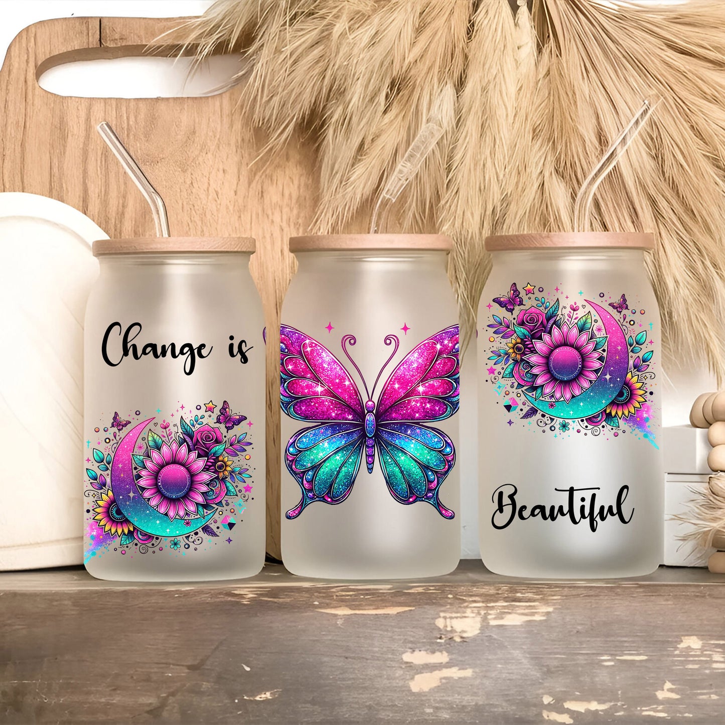 three colorful butterflies painted on the side of a canister