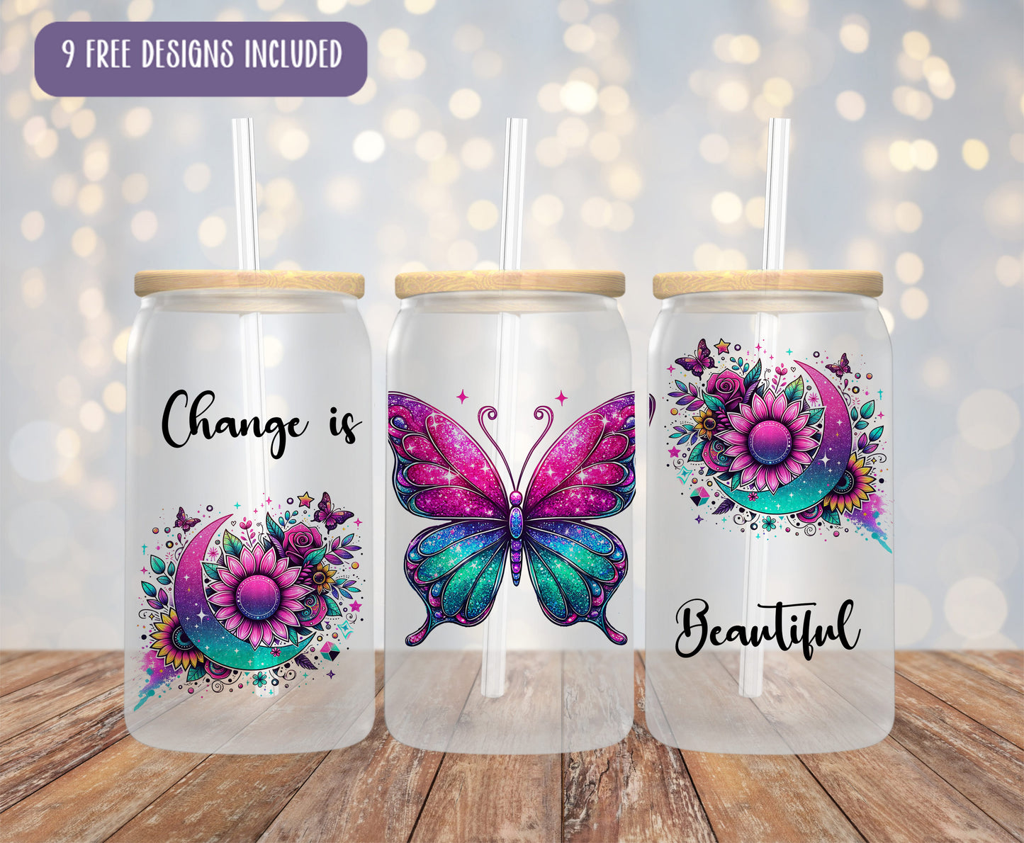 three personalized tumblers with butterfly designs on them