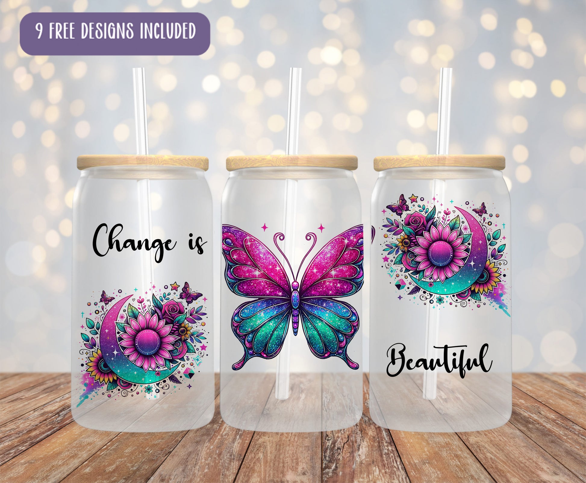 three personalized tumblers with butterfly designs on them