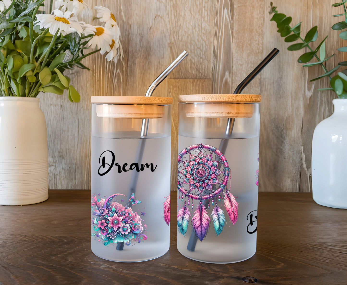 a couple of cups sitting on top of a wooden table
