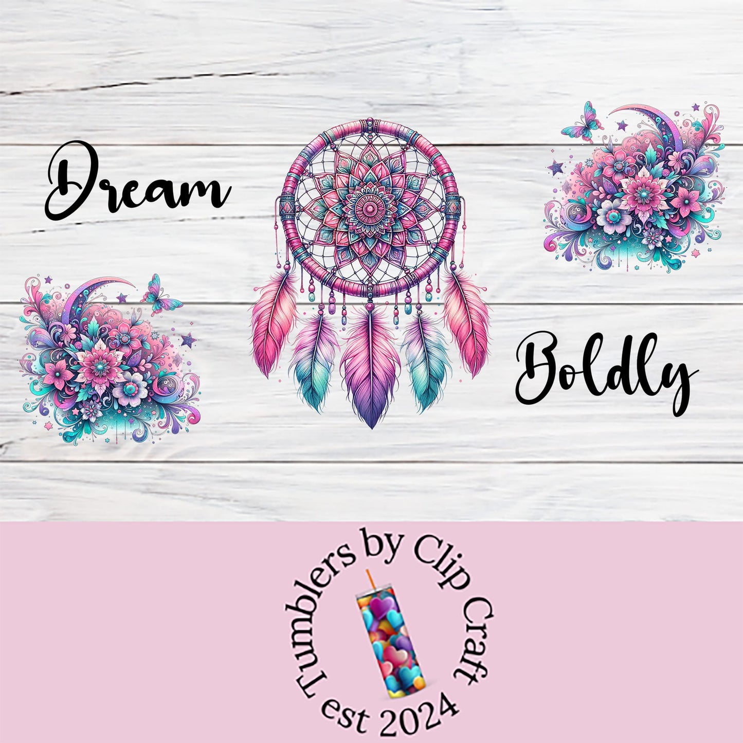 a wooden background with a dream catcher and flowers