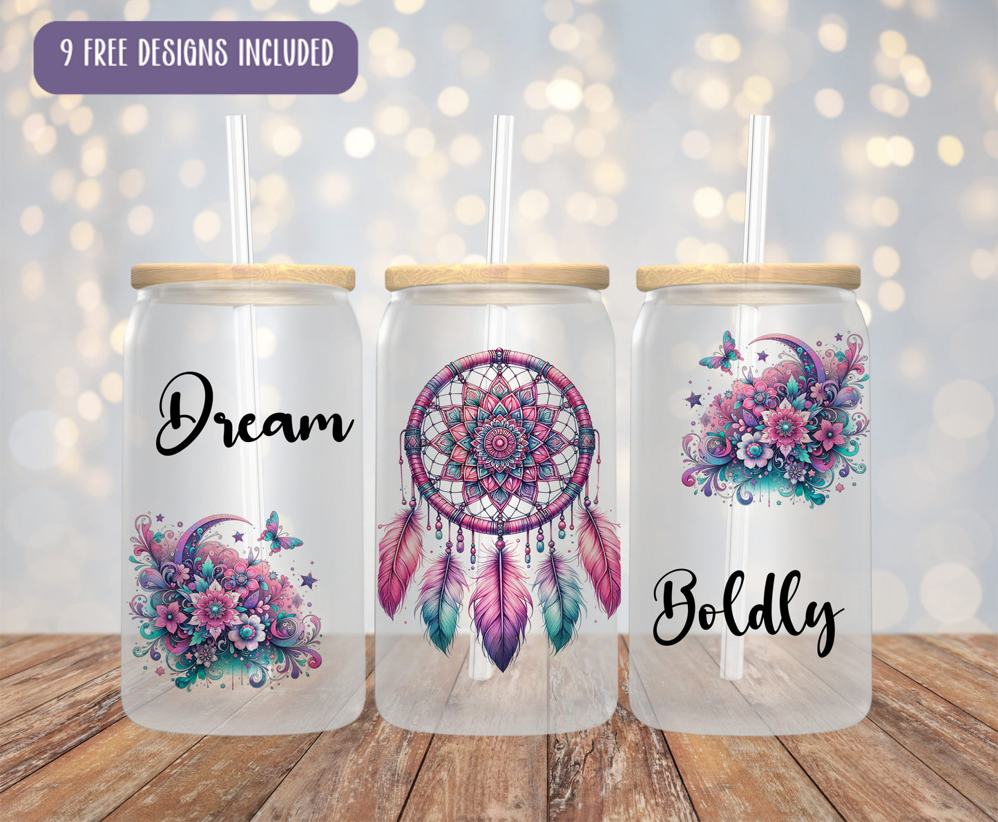 three mason jars with dream catchers painted on them