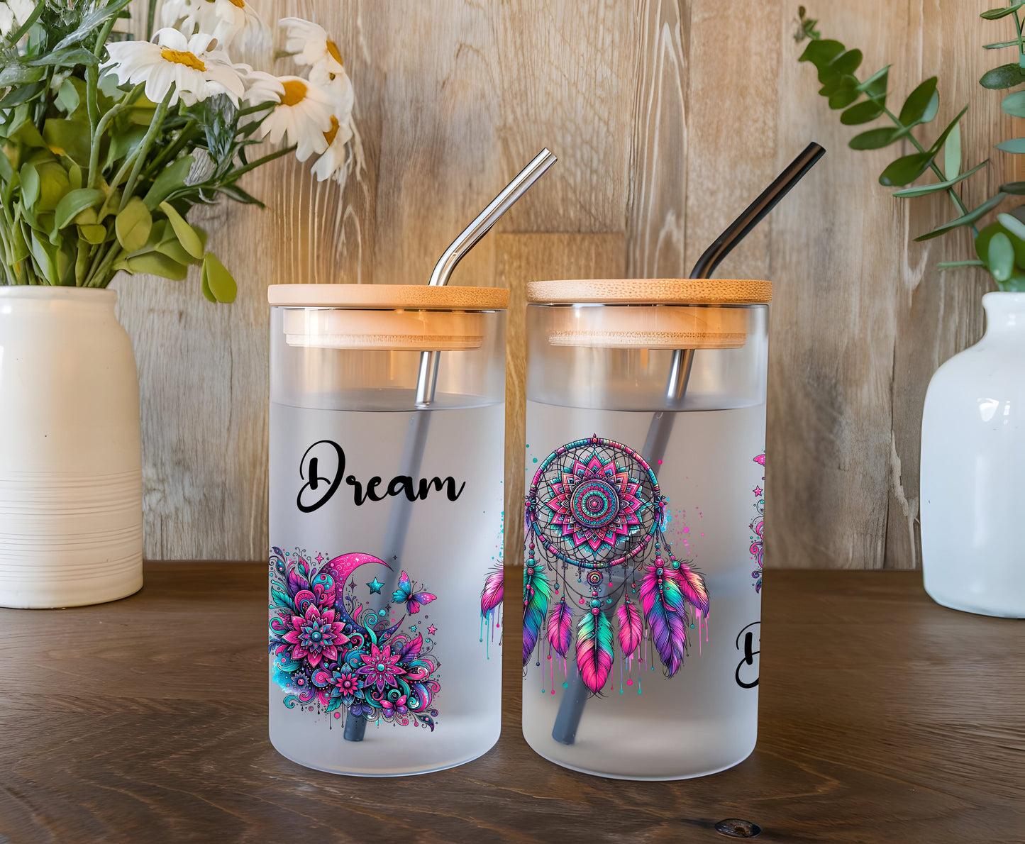 a couple of cups sitting on top of a wooden table
