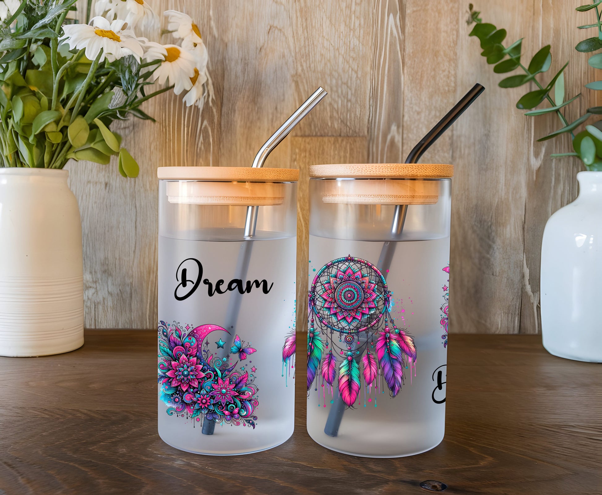 a couple of cups sitting on top of a wooden table