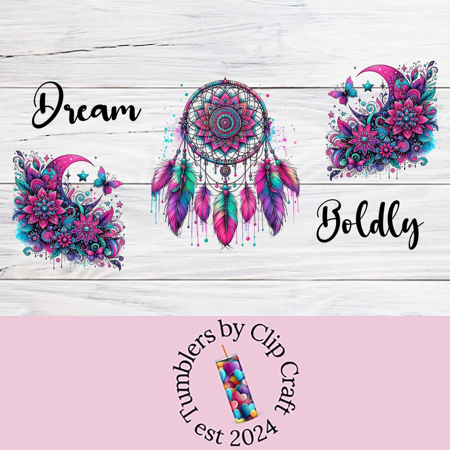 a wooden wall with a dream catcher and a pink background
