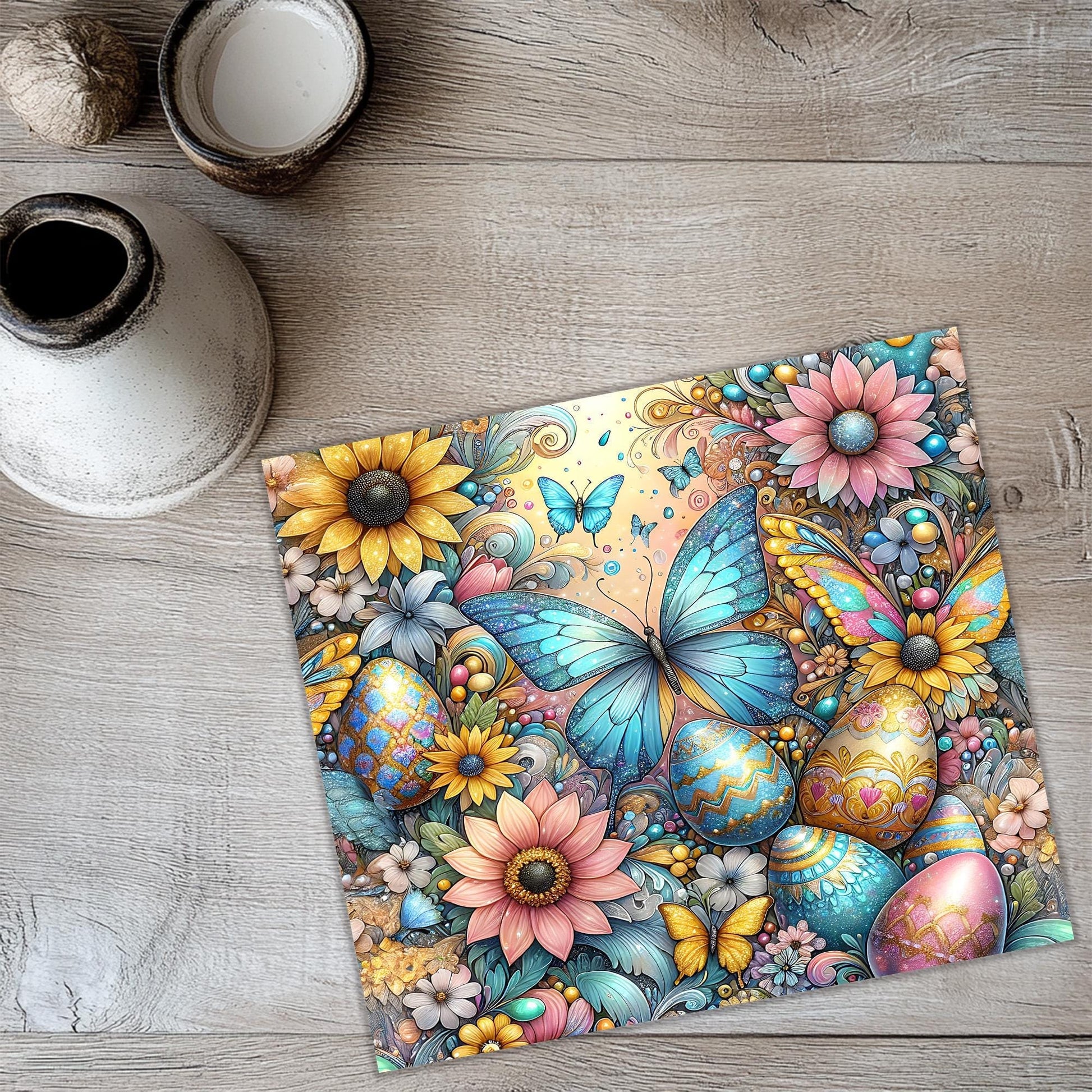 a painting of flowers and butterflies on a wooden floor