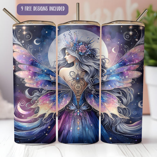 a set of three travel mugs with a picture of a fairy on them