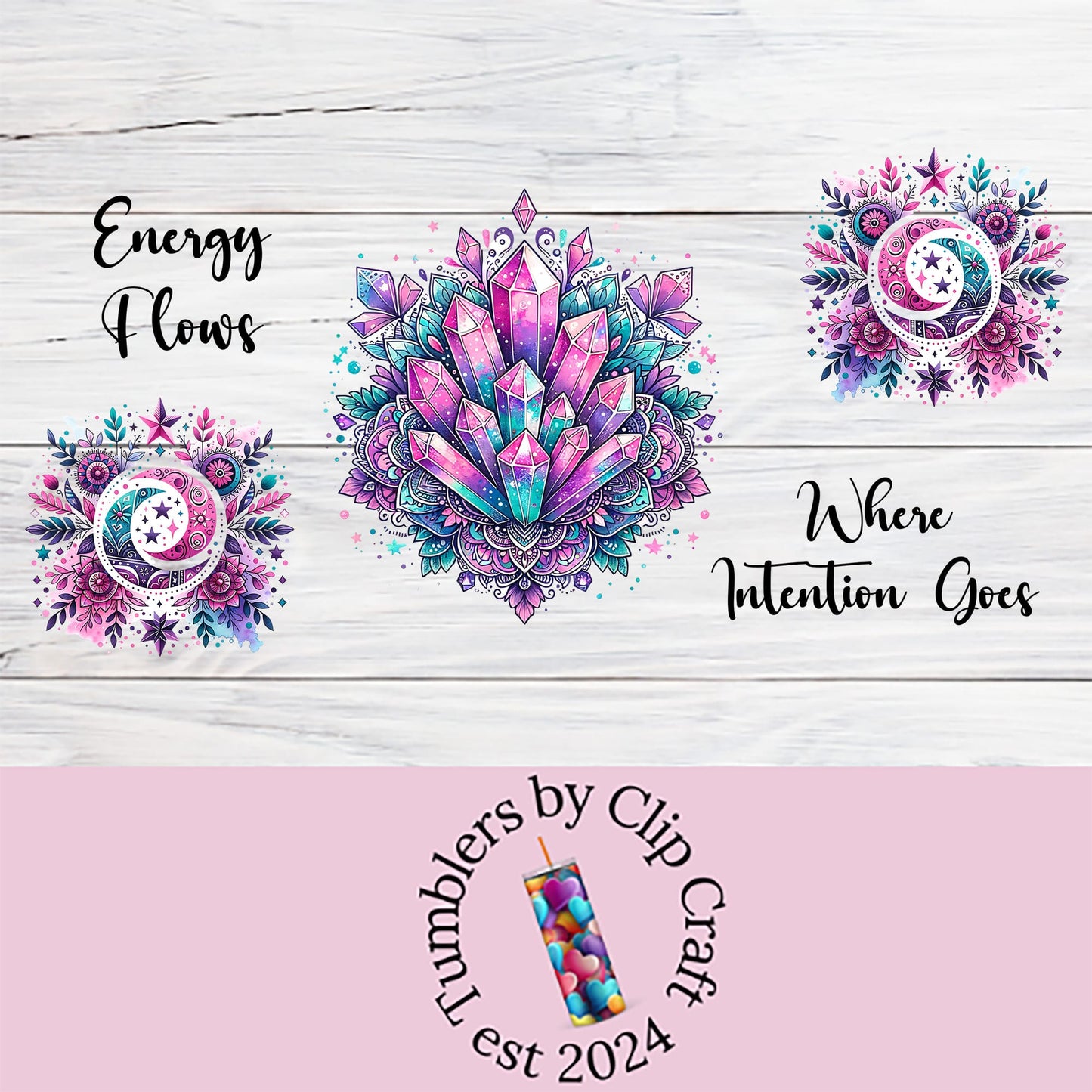 a pink and white wooden background with the words energy flow, where intention goes,