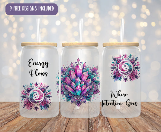 three mason jars with designs on them sitting on a table