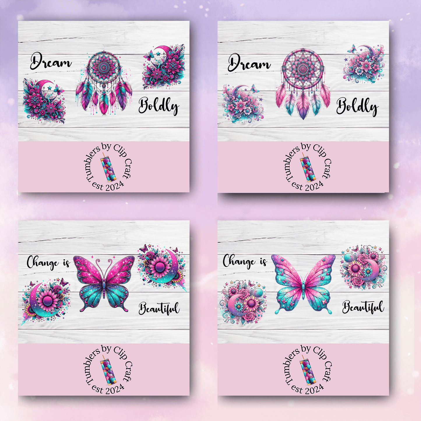 a set of four business cards with flowers and butterflies