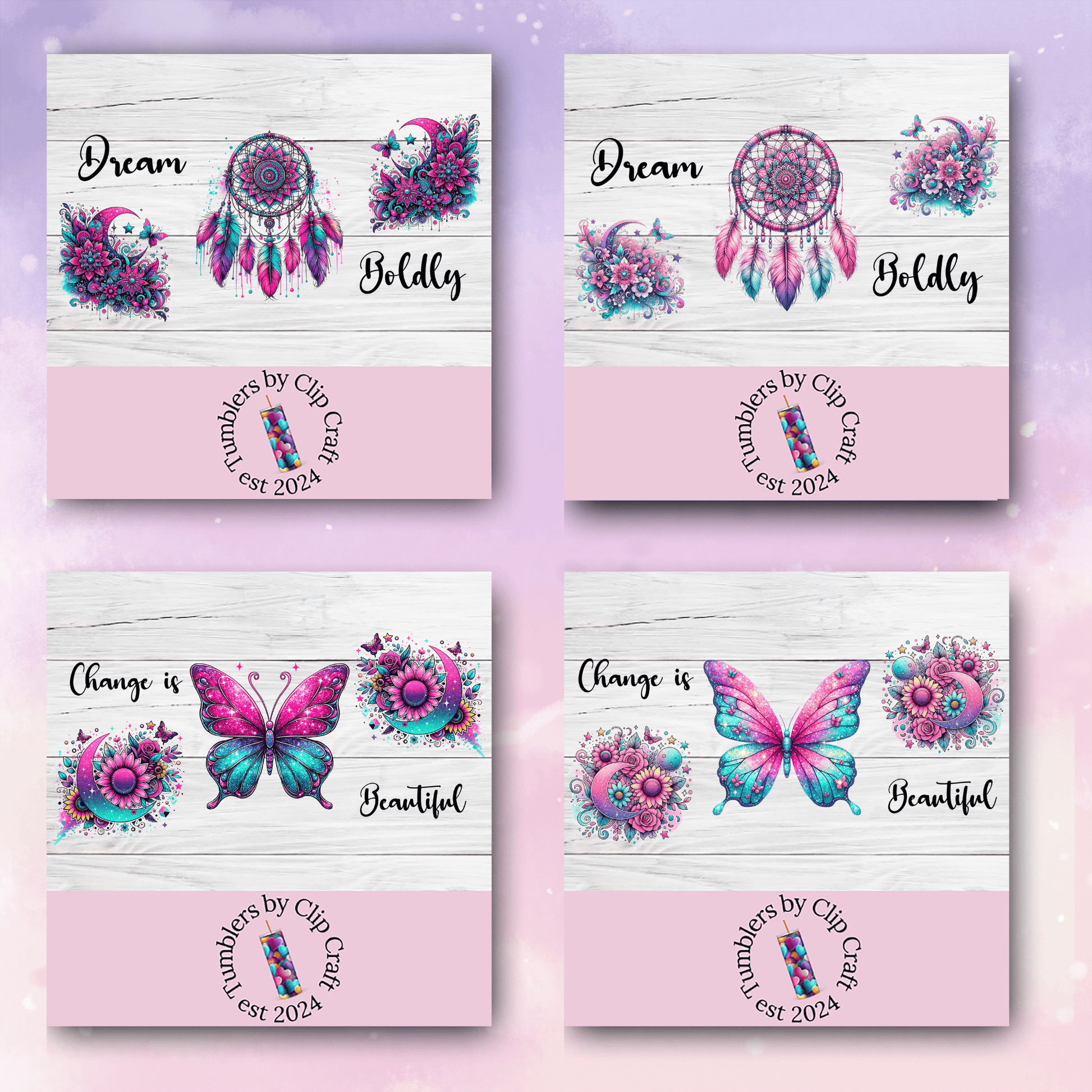 a set of four business cards with flowers and butterflies