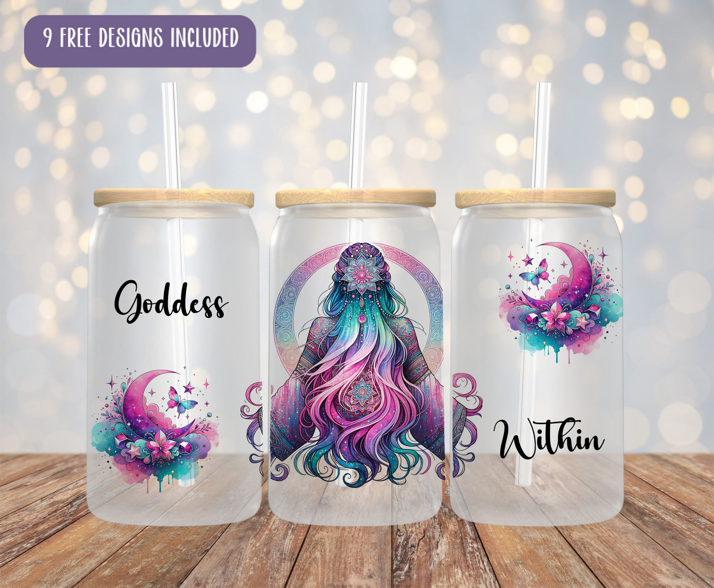 a set of three personalized tumblers with a picture of a woman