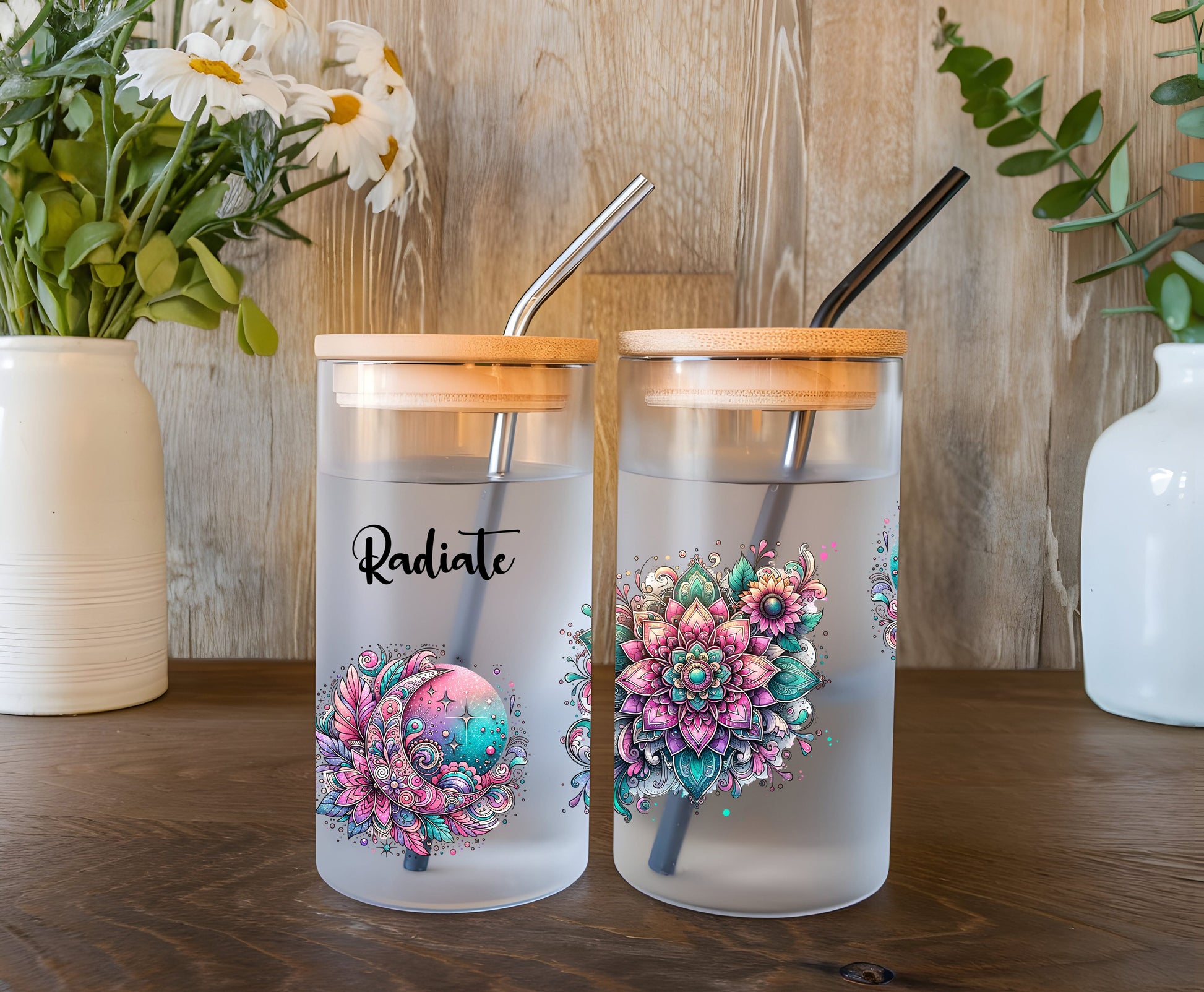 a couple of cups sitting on top of a wooden table