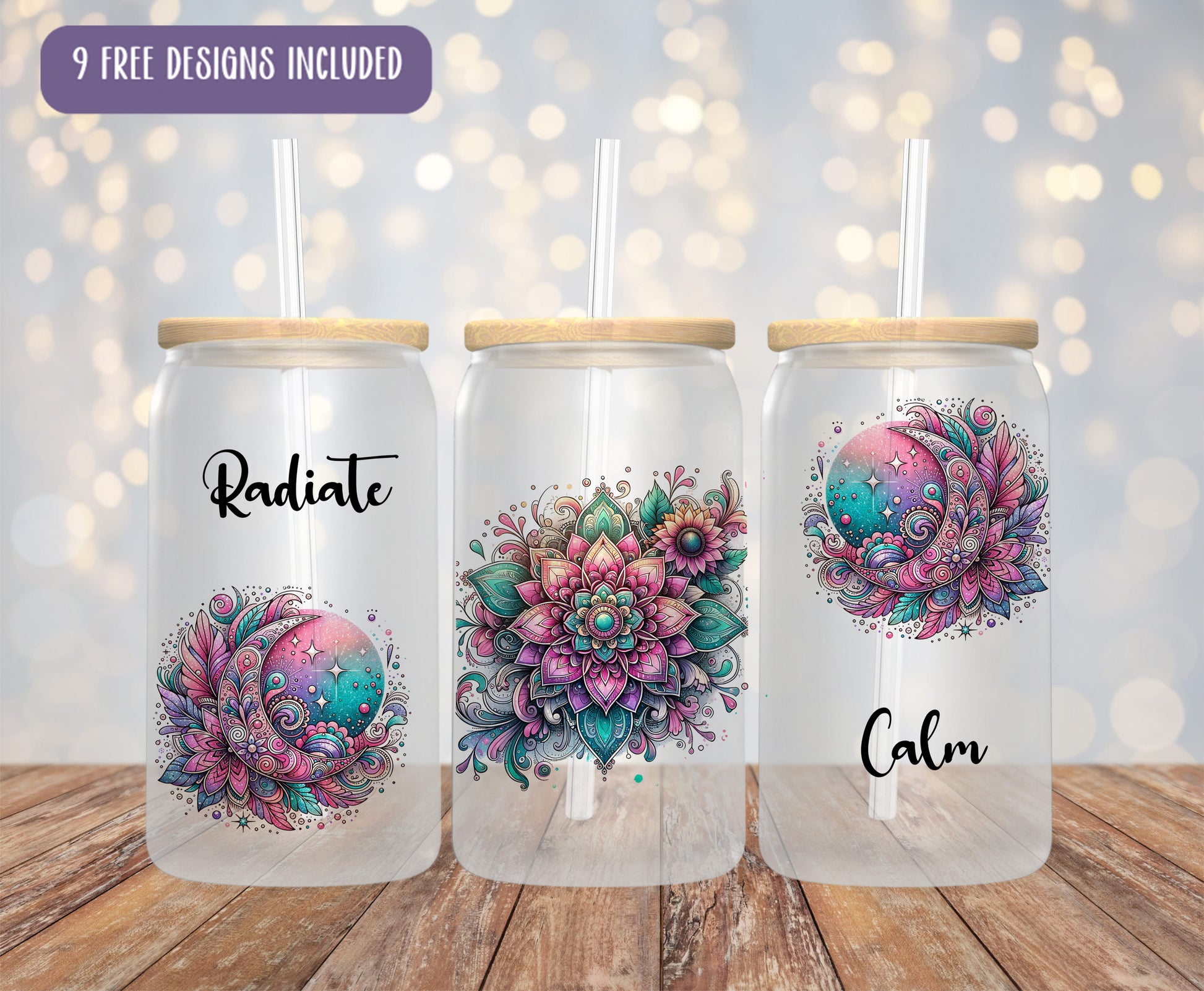 three mason jars with designs on them sitting on a table