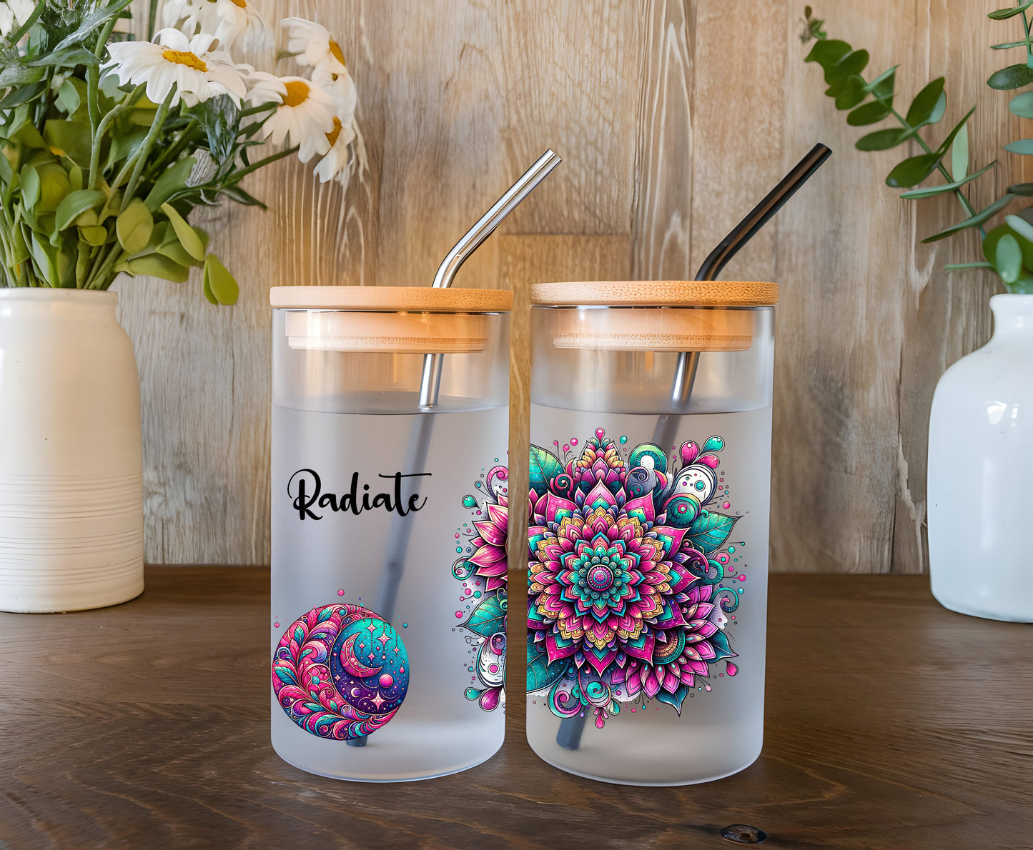 a couple of cups sitting on top of a wooden table