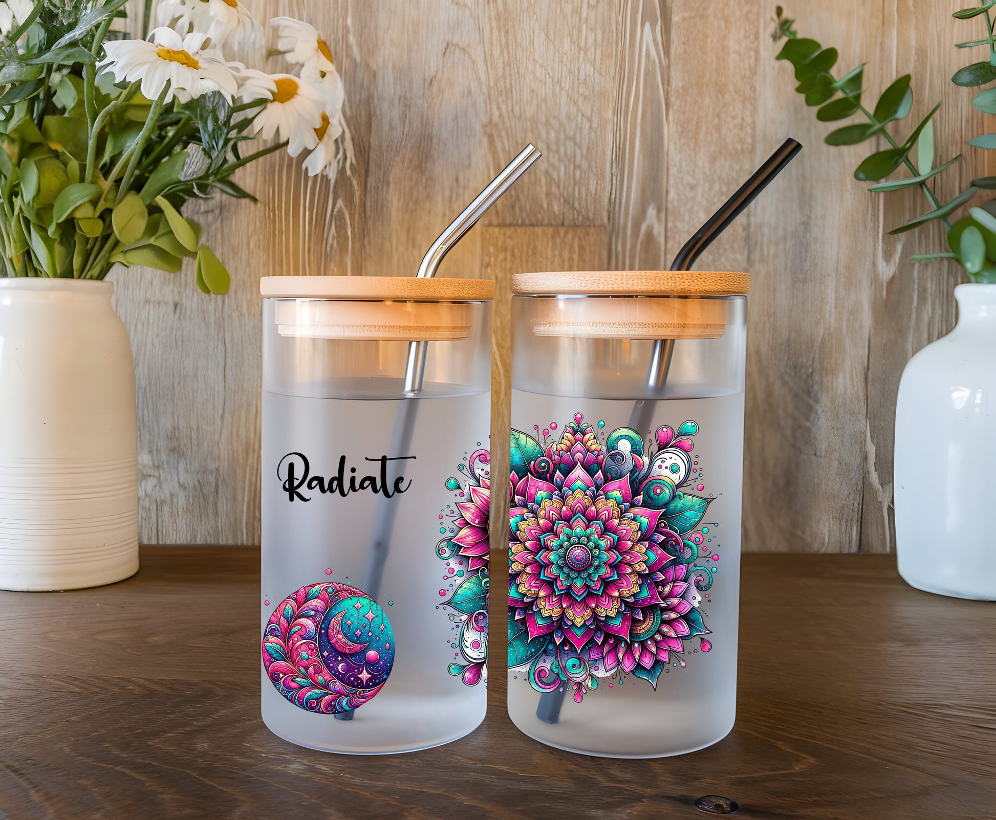 a couple of cups sitting on top of a wooden table