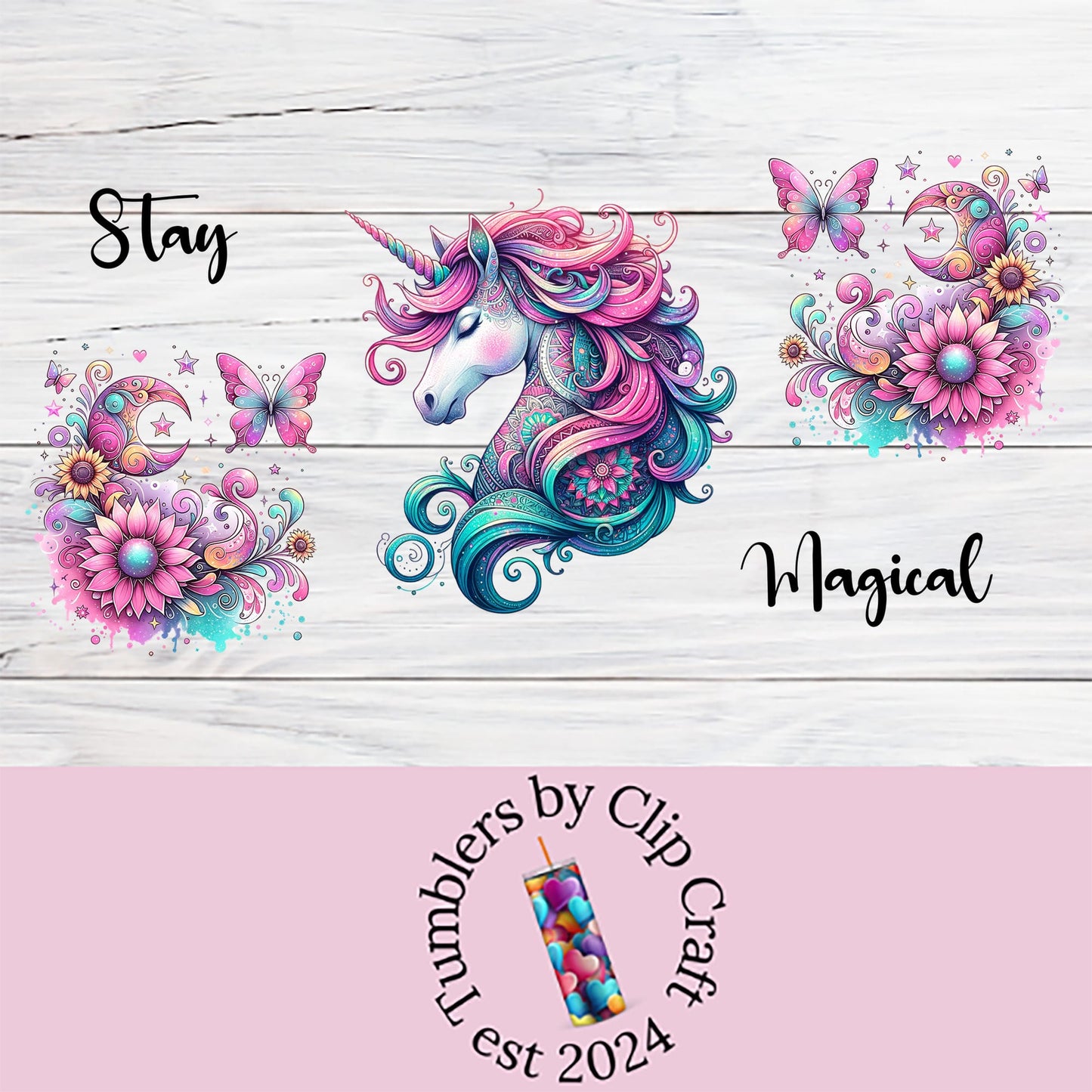 a unicorn with flowers and butterflies on a white wooden background
