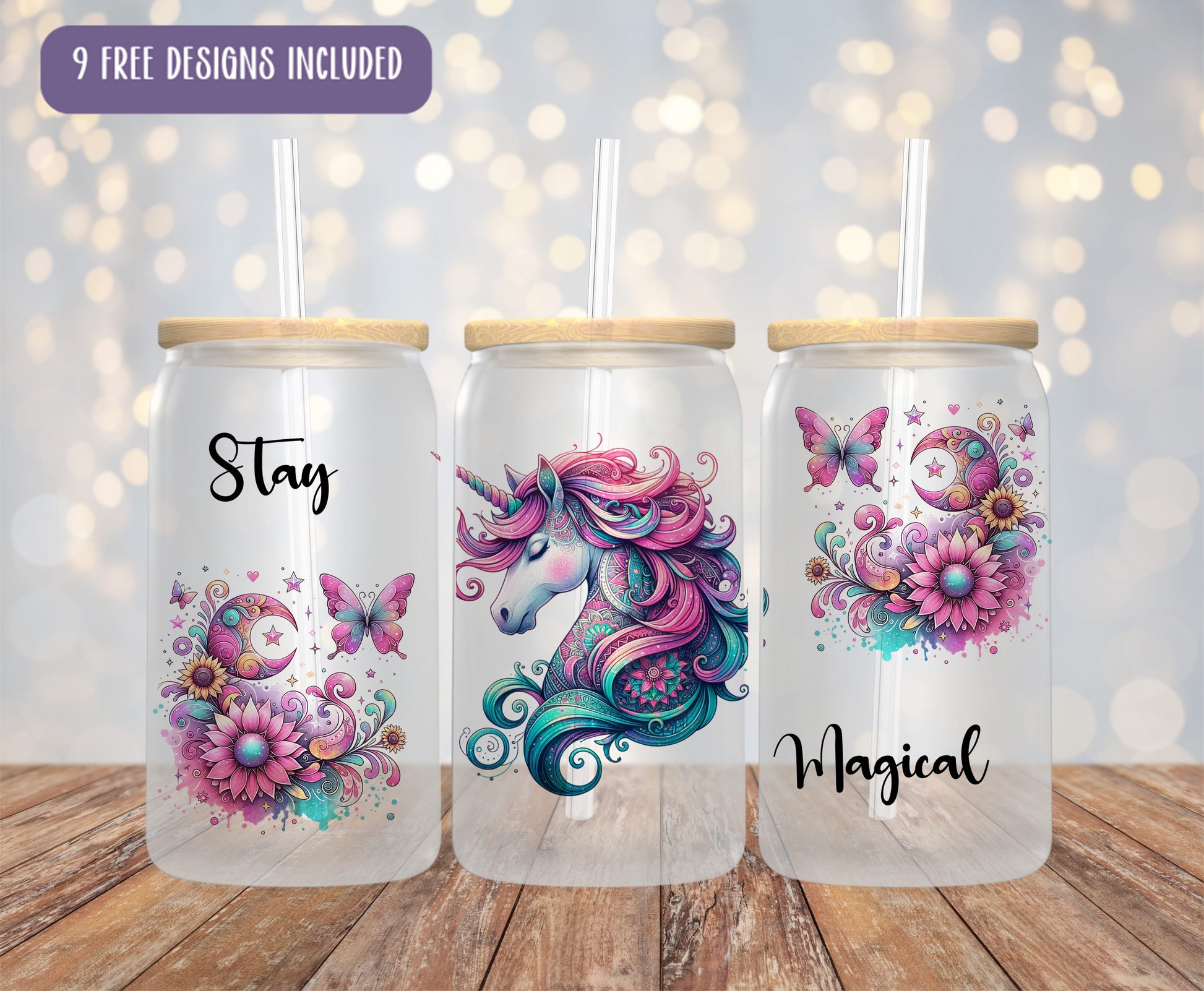 three personalized tumblers with unicorns and flowers on them