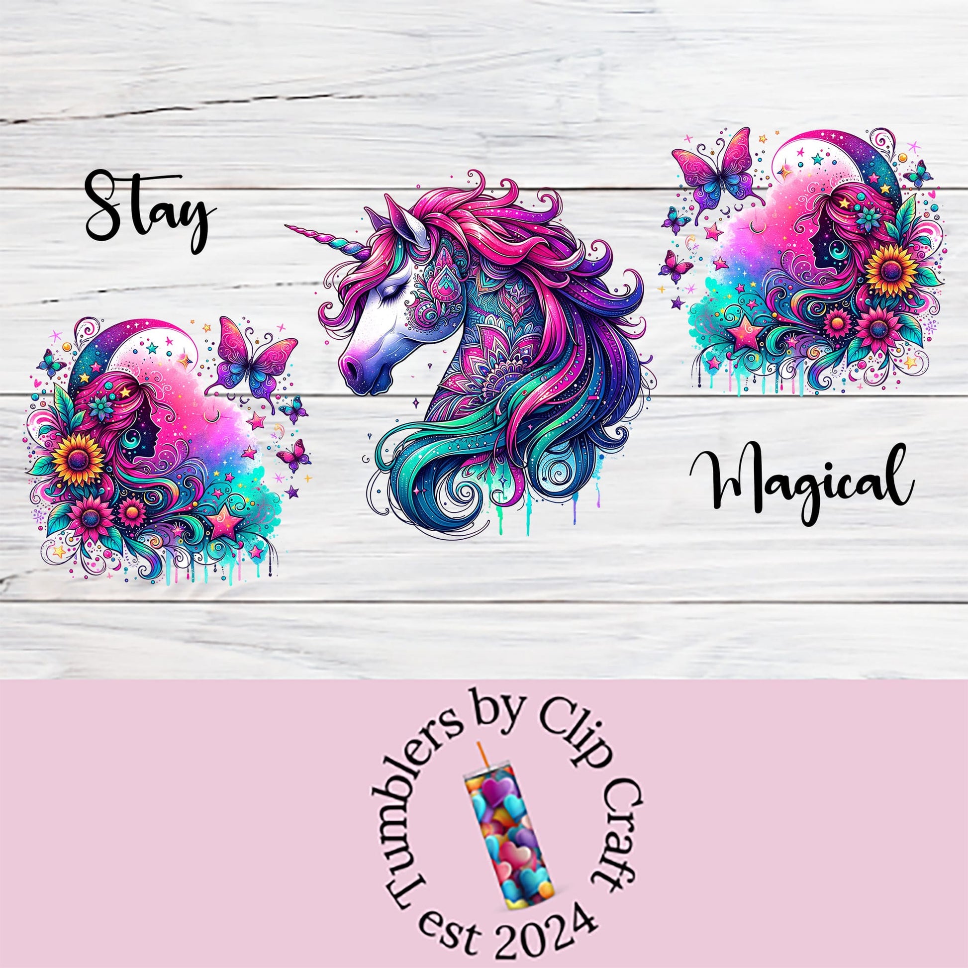 a unicorn with flowers and butterflies on a white wooden background