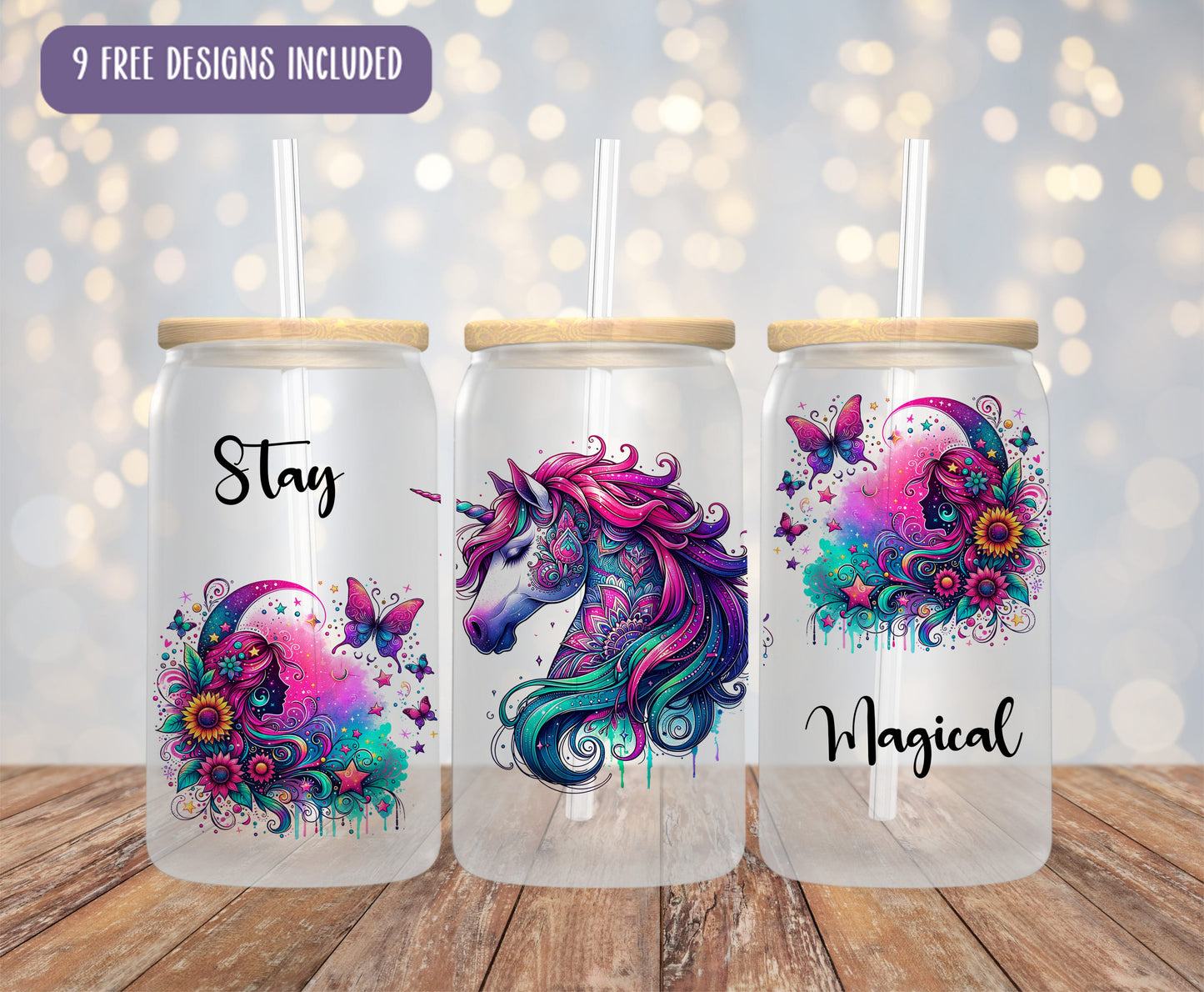 a set of three tumblers with unicorns on them