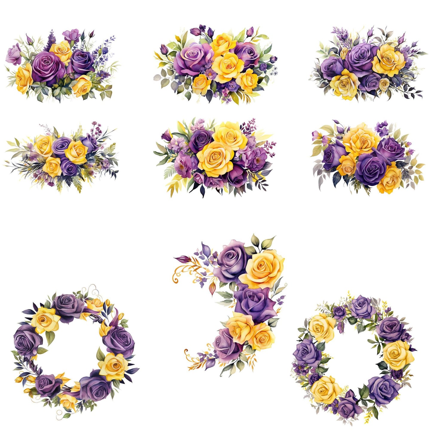 Clipart de rosas de color morado oscuro, lila y amarillo