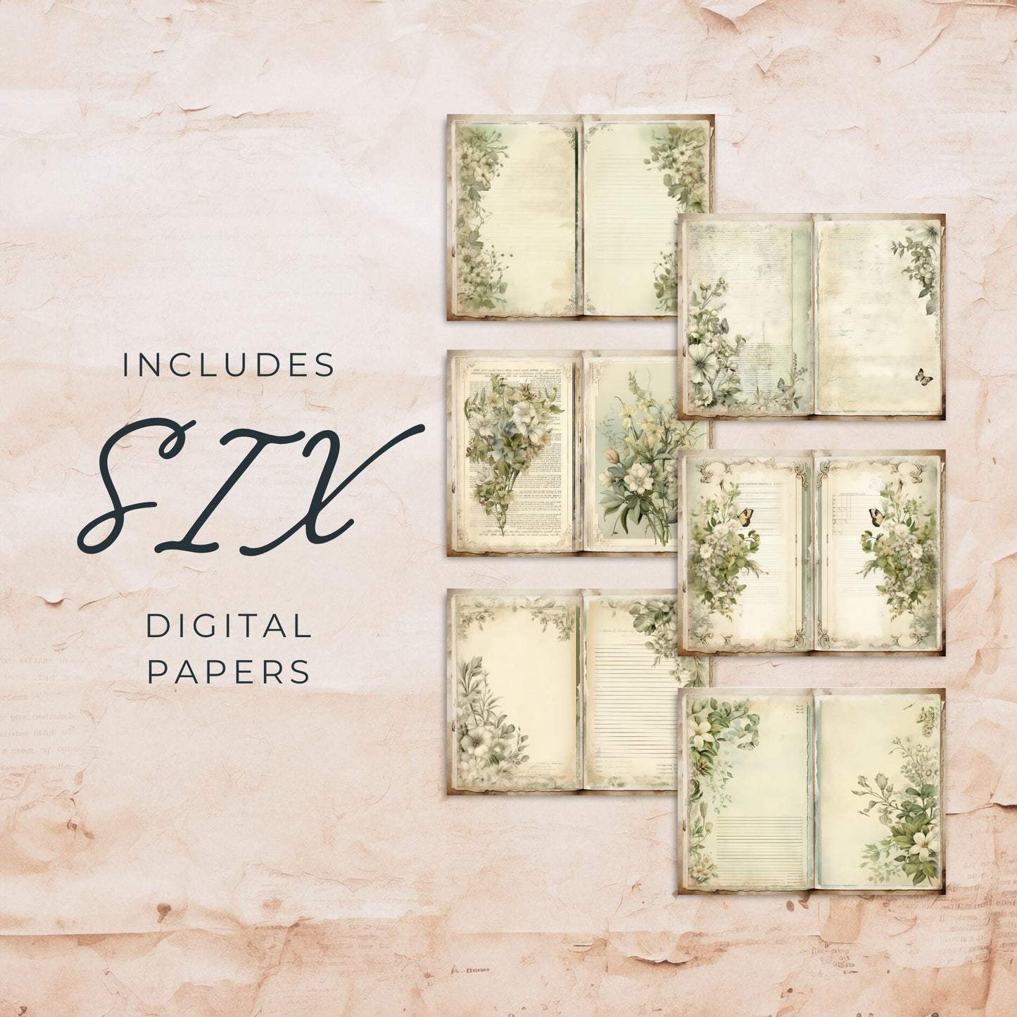 Páginas de diario basura con flores verde salvia