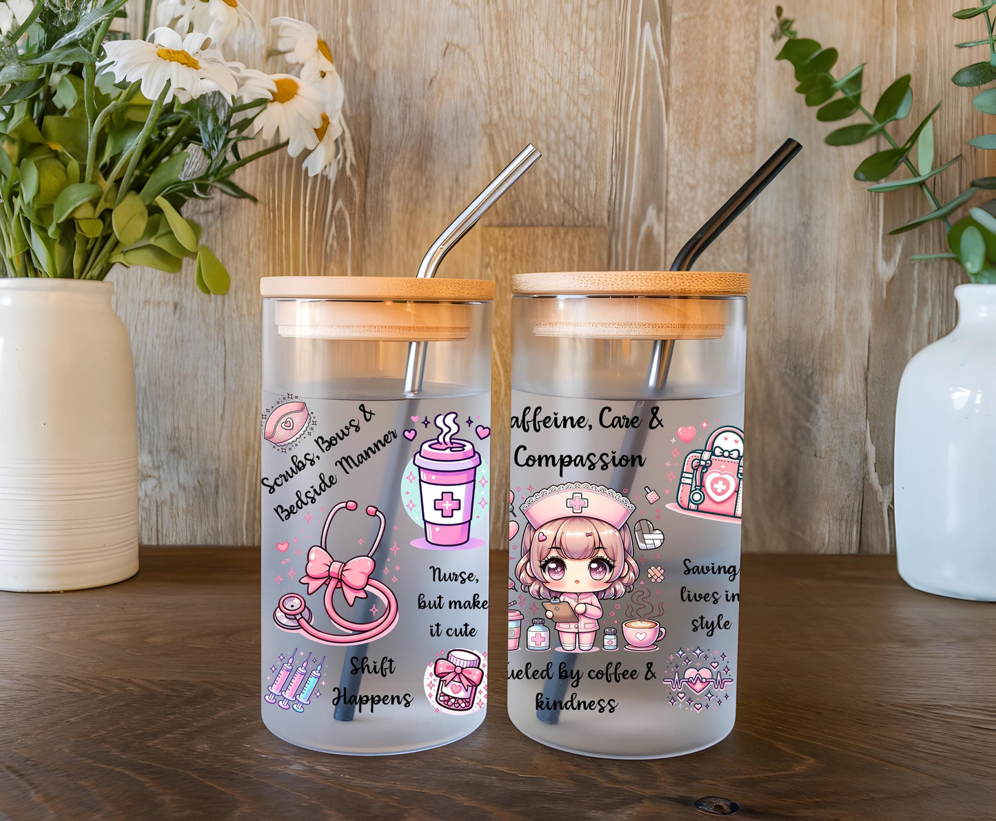 a couple of cups sitting on top of a wooden table