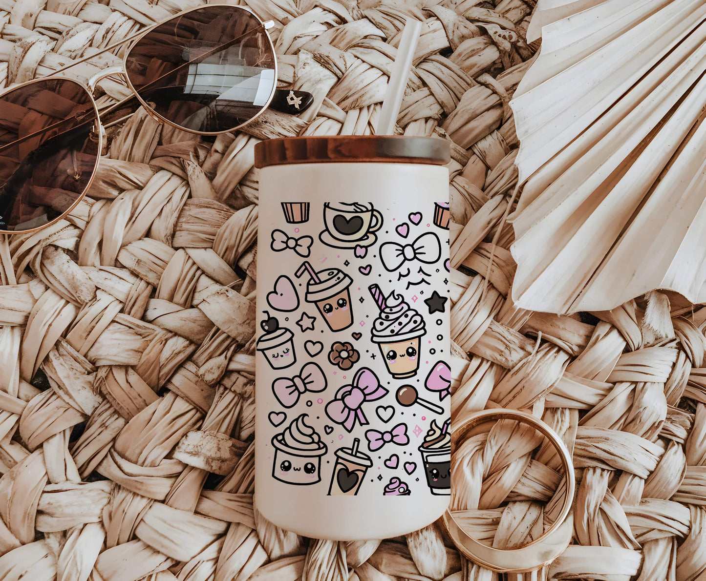 a cup of coffee sitting on top of a woven mat