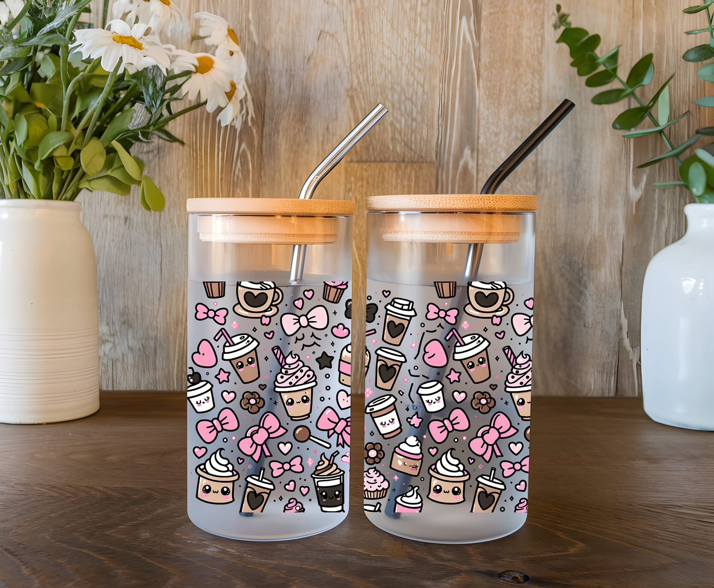 a couple of cups sitting on top of a wooden table