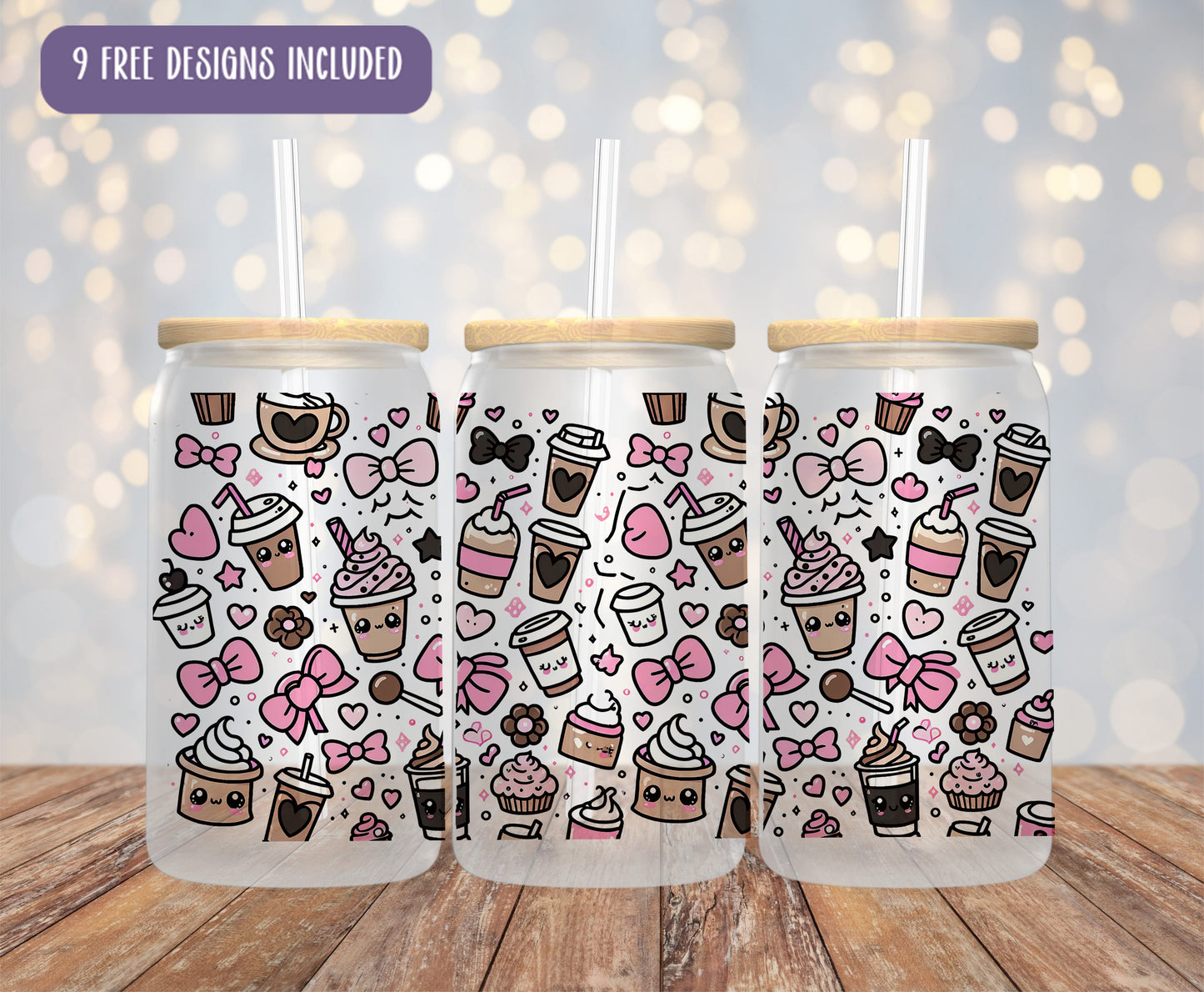 a set of three cups with different designs on them