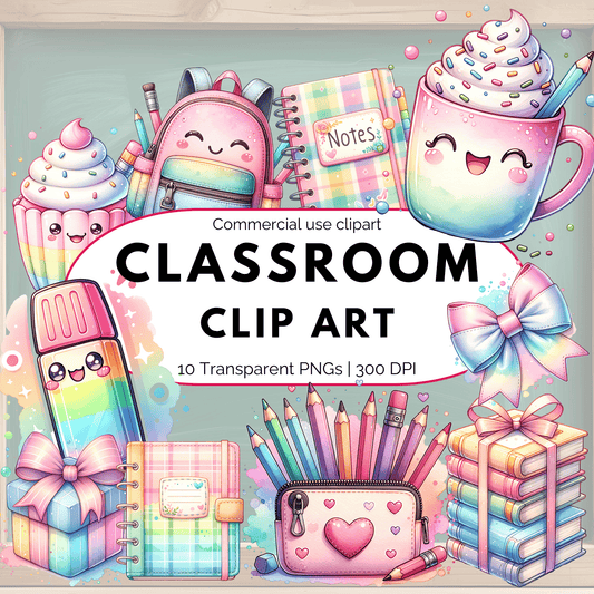 Composition Classroom Clipart PNG – Preppy Pastel Teacher Doodles & School Book Graphics