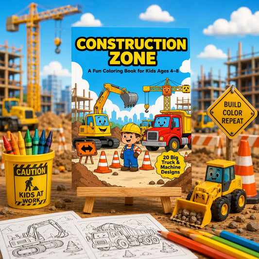 Construction Zone Colouring Book for Kids Ages 4–8 | Trucks & Machines Printable Activity Book | PLR & MRR Included