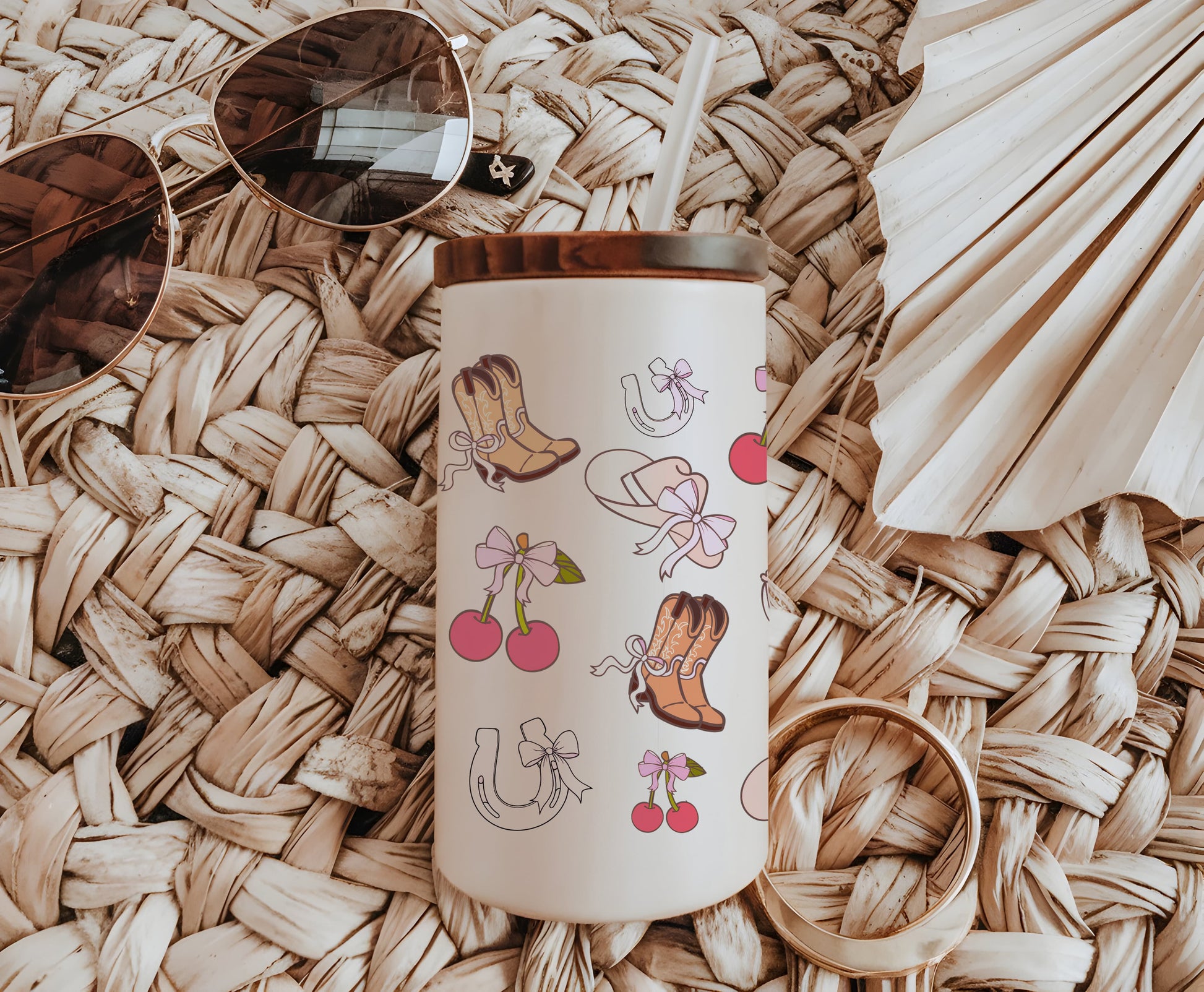 a coffee cup with sunglasses on top of a wicker mat