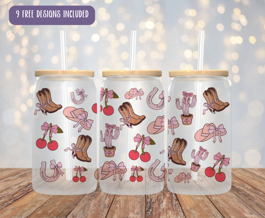 a set of three tumblers with cowboy boots and cherries on them