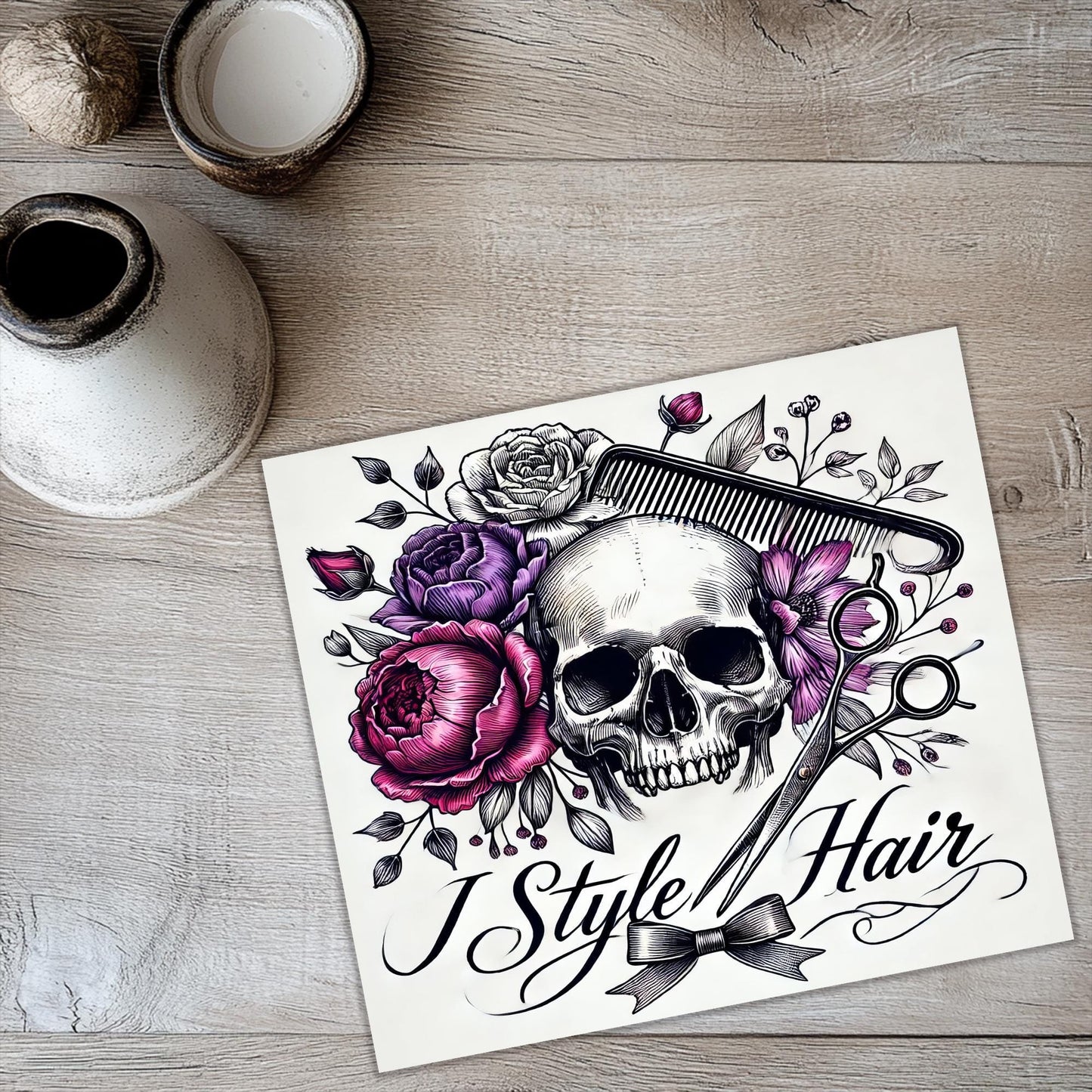 a picture of a skull with flowers and scissors